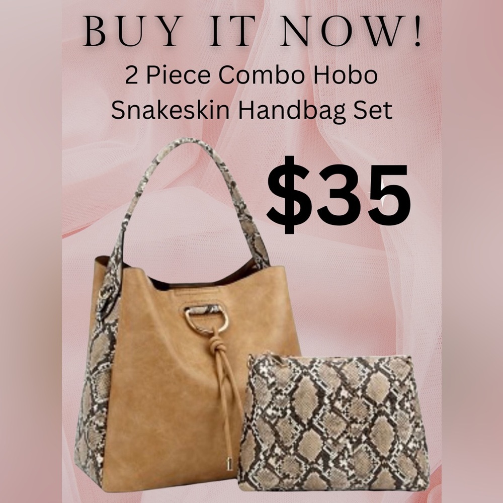 B28 ❤️ Tan Knot Accent Snake Print Hobo Tan Handbag Value Combo Set Purse Bag - Picture 3 of 3